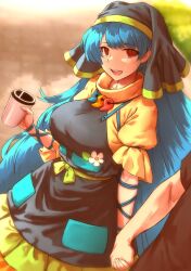 Rule 34 | 1boy, 1girl, apron, black apron, black shirt, blue hair, breasts, cup, dress, flower, grass, haniyasushin keiki, haraya manawari, head scarf, holding, holding cup, holding hands, jewelry, long hair, looking at another, magatama, magatama necklace, medium breasts, necklace, open mouth, outdoors, pocket, puffy short sleeves, puffy sleeves, red eyes, ribbon, shirt, short sleeves, touhou, very long hair, yellow dress
