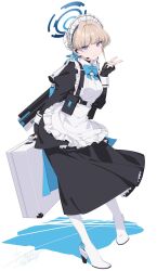 Rule 34 | 1girl, black dress, black gloves, blonde hair, blue archive, blue eyes, blue halo, boots, bun cover, closed mouth, dress, fingerless gloves, full body, gloves, hair bun, halo, high heel boots, high heels, highres, juliet sleeves, long sleeves, looking at viewer, maid, maid headdress, puffy sleeves, rokuwata tomoe, short hair, signature, simple background, single hair bun, solo, toki (blue archive), twitter username, v, white background, white footwear