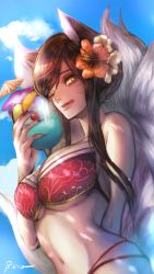 Rule 34 | 1girl, ahri (league of legends), alternate costume, alternate hairstyle, arm behind back, bad id, bad pixiv id, bibico, black hair, breasts, cup, facial mark, from side, hair over one eye, hair up, highres, large breasts, league of legends, licking lips, looking at viewer, midriff, multiple tails, navel, one eye closed, slit pupils, solo, tail, tongue, tongue out, underboob, upper body, whisker markings, yellow eyes