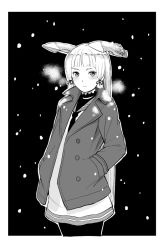 Rule 34 | 10s, 1girl, black background, blunt bangs, blush, coat, cowboy shot, dress, framed, greyscale, hair ribbon, hands in pockets, headgear, kantai collection, long hair, looking at viewer, monochrome, murakumo (kancolle), nathaniel pennel, neckerchief, pantyhose, ribbon, sailor collar, simple background, snow, solo