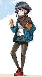 Rule 34 | 1girl, bag, black hair, black pantyhose, black shawl, blue jacket, blue skirt, braid, brown eyes, casual, commentary, denim, denim skirt, food, food on face, full body, girls und panzer, grin, hand in pocket, holding, holding bag, holding food, jacket, kayabakoro, looking at viewer, miniskirt, one-hour drawing challenge, open clothes, open jacket, pantyhose, paper bag, pepperoni (girls und panzer), red footwear, sandwich, shawl, shirt, shoes, short hair, side braid, skirt, smile, solo, standing, white shirt