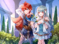 Rule 34 | 1boy, 1girl, aged down, alternate costume, arm behind back, artist name, bare shoulders, blue eyes, blue flower, blush, cape, creyton, dress, eliwood (fire emblem), fire emblem, fire emblem: the blazing blade, fire emblem heroes, flower, frilled dress, frills, holding, holding flower, long hair, ninian (fire emblem), nintendo, official alternate costume, parted lips, red cape, red eyes, red hair, white hair