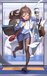 Rule 34 | 1girl, 2boys, absurdres, ahoge, bag, between breasts, black footwear, blue jacket, blue skirt, blurry, breasts, brown eyes, brown hair, brown pantyhose, collared shirt, cup, depth of field, disposable cup, dress shirt, formal, full body, handbag, highres, jacket, large breasts, leaning forward, legs, loafers, long sleeves, looking at viewer, manda (luts7602), miniskirt, multiple boys, office lady, one eye closed, open clothes, open jacket, open mouth, original, pantyhose, paper, pencil skirt, running, shirt, shoes, shopping, skirt, skirt suit, solo focus, strap between breasts, suit, sweatdrop, train, white shirt, wince
