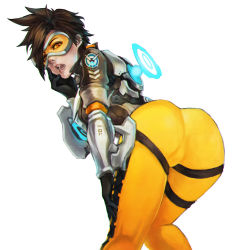 Rule 34 | 1girl, absurdres, ass, bodysuit, brown hair, commentary, goggles, highres, jacket, looking at viewer, monori rogue, open mouth, overwatch, overwatch 1, short hair, skin tight, solo, spiked hair, tagme, third-party edit, tracer (overwatch), visor