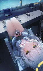 Rule 34 | 1girl, absurdres, black hoodie, blue archive, breasts, can, chair, closed mouth, collarbone, commentary, drawstring, energy drink, green eyes, grey hair, hair intakes, halo, hare (blue archive), highres, holding, holding can, hood, hood down, hoodie, indoors, computer keyboard, leehong studio, long hair, long sleeves, looking at viewer, monitor, monster energy, computer mouse, mousepad (object), office chair, on chair, ponytail, puffy long sleeves, puffy sleeves, sidelocks, small breasts, solo, split mouth, swivel chair, thighs, upside-down, white hair, yellow halo