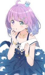 Rule 34 | 1girl, ahoge, blue dress, blush, candy hair ornament, crescent, crescent earrings, crescent necklace, crown, dress, earrings, food-themed hair ornament, green eyes, hair ornament, heterochromia, highres, himemori luna, himemori luna (sundress), hololive, icehotmilktea, jewelry, looking at viewer, mini crown, multicolored hair, necklace, parted lips, pink hair, print dress, purple eyes, purple hair, simple background, solo, starry sky print, two-tone hair, virtual youtuber, white background