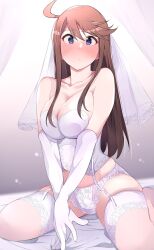 Rule 34 | 1girl, ahoge, bare shoulders, bed sheet, blue eyes, blush, breasts, bridal veil, bride, brown hair, cleavage, closed mouth, collarbone, dot nose, elbow gloves, garter straps, gloves, highres, idolmaster, idolmaster million live!, idolmaster million live! theater days, large breasts, long hair, looking at viewer, on bed, panties, shy, sitting, soeji, solo, swept bangs, thighhighs, tokoro megumi, underwear, underwear only, veil, wariza, wedding lingerie, white bustier, white gloves, white panties, white thighhighs