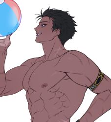 Rule 34 | 1boy, abs, ball, bara, from side, grin, holding, holding ball, large pectorals, male focus, multiple scars, muscular, muscular male, navel, nipples, original, pectorals, profile, scar, smile, solo, thick eyebrows, upper body, volleyball, yotti