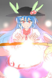 Rule 34 | &gt;:), 1girl, blue hair, bow, bowtie, danmaku, dress, floating, food, food on head, fruit, fruit on head, hat, hinanawi tenshi, king (ougon kingyo-bachi), layered dress, long hair, looking at viewer, object on head, palms, peach, reaching, reaching towards viewer, red eyes, sketch, smile, solo, sword of hisou, touhou, v-shaped eyebrows, very long hair