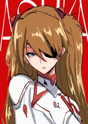 Rule 34 | 1girl, artist request, blue eyes, bodysuit, breasts, brown hair, character name, evangelion: 3.0+1.0 thrice upon a time, eyepatch, hair ornament, highres, interface headset, long hair, looking at viewer, neon genesis evangelion, plugsuit, rebuild of evangelion, red background, skin tight, solo, souryuu asuka langley, two side up, upper body, very long hair, white bodysuit
