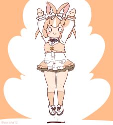Rule 34 | 1girl, animal ears, arms up, bow, bowtie, brown background, brown hair, coroha, domestic rabbit (kemono friends), extra ears, full body, jumping, kemono friends, looking at viewer, rabbit ears, rabbit girl, ribbon, shirt, shoes, short hair, simple background, skirt, socks, solo