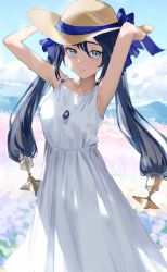 Rule 34 | 1girl, absurdres, alternate costume, armpits, arms up, asymmetrical bangs, bow, collarbone, dress, field, flower, flower field, genshin impact, green eyes, hair ornament, hair ribbon, hands on headwear, hat, hat bow, highres, jewelry, looking at viewer, mona (genshin impact), necklace, outdoors, ribbon, sleeveless, sleeveless dress, solo, star (symbol), star hair ornament, sun hat, sundress, twintails, white dress, xkirara39x
