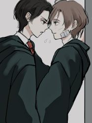 Rule 34 | 2boys, black hair, blush, brown hair, closed mouth, collar, eyelashes, face-to-face, facial scar, green eyes, grey eyes, harry potter (series), highres, hogwarts school uniform, looking at another, male focus, multiple boys, necktie, parted lips, profile, remus lupin, robe, saliva, scar, scar on cheek, scar on face, scar on forehead, school uniform, short hair, sirius black, striped necktie, striped neckwear, uniform, wing collar, wizarding world, yaoi