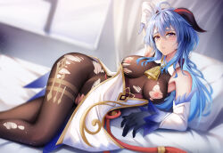 Rule 34 | 1girl, ahoge, bare shoulders, bed, bed sheet, bedroom, bell, black gloves, blue hair, blush, breasts, detached sleeves, ganyu (genshin impact), genshin impact, gloves, goat horns, highres, horns, indoors, long hair, looking at viewer, lying, medium breasts, miss, neck bell, nipples, on bed, pillow, sidelocks, solo, torn clothes