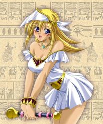 Rule 34 | 1girl, bare shoulders, blonde hair, blue eyes, blush, breasts, cleavage, dark magician girl, dress, duel monster, female focus, happy, jewelry, mana (yu-gi-oh!), necklace, open mouth, rod, skirt, smile, solo, staff, wristband, yu-gi-oh!, yu-gi-oh! duel monsters