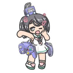 Rule 34 | 1girl, black hair, chibi, dress, ferretsan7, full body, game console, gamecube, gamecube controller, kantai collection, looking at viewer, low-cut armhole, neckerchief, nintendo, sailor collar, sailor dress, scirocco (kancolle), short hair, simple background, sleeveless, sleeveless dress, solo, standing, striped neckerchief, two side up, white background, white sailor collar, yawning