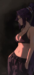 1girl absurdres black_background black_bra black_pants bleach bra breasts breath collarbone commentary dark-skinned_female dark_skin erikvarts from_side hands_in_pockets highres large_breasts light_particles long_hair looking_to_the_side navel pants parted_bangs parted_lips ponytail purple_hair shihouin_yoruichi signature solo stomach sweat toned toned_female underwear yellow_eyes