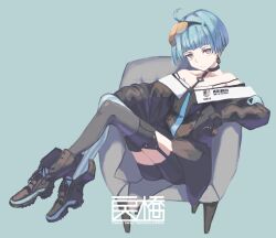 Rule 34 | 1girl, ahoge, aqua background, armchair, asymmetrical legwear, bare shoulders, black choker, black gloves, black thighhighs, blue hair, blue thighhighs, chair, choker, commentary request, deepseasinker, earrings, fingerless gloves, full body, garter straps, girls&#039; frontline, gloves, goggles, goggles on head, highres, jewelry, long sleeves, looking at viewer, mismatched legwear, on chair, orange eyes, shoes, short hair, sitting, smile, solo, striped clothes, striped thighhighs, thighhighs, zas m21 (girls&#039; frontline)