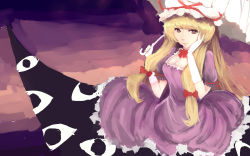 Rule 34 | 1girl, absurdres, blonde hair, bow, breasts, choker, cleavage, dress, elbow gloves, fanshu, faux traditional media, female focus, gap (touhou), gloves, hair bow, hand on own face, hat, hat ribbon, highres, holding, holding umbrella, large breasts, lips, long hair, mob cap, multicolored background, nose, puffy short sleeves, puffy sleeves, purple dress, purple eyes, ribbon, ribbon choker, short sleeves, sketch, solo, touhou, umbrella, very long hair, white gloves, yakumo yukari