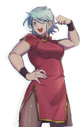 Rule 34 | 1girl, :d, allenby beardsley, alternate costume, aoi (husiginokuninoa), black pantyhose, blue hair, breasts, chinese clothes, commentary request, g gundam, green eyes, gundam, hand on own hip, highres, looking at viewer, medium breasts, open mouth, pantyhose, short hair, smile, solo, standing, teeth, upper teeth only, white background, wrist cuffs