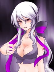 Rule 34 | 1girl, ahoge, bad id, bad pixiv id, blouse, breasts, cleavage, detached sleeves, female focus, gradient background, grey shirt, headphones, large breasts, long hair, midriff, necktie, nez-doll, ponytail, red eyes, ribbon, shirt, silver hair, solo, tears, undressing, vocaloid, yowane haku