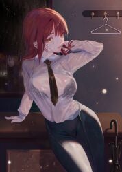 Rule 34 | 1girl, absurdres, black necktie, black pants, breasts, chainsaw man, clothes hanger, collared shirt, hair down, highres, large breasts, looking at viewer, makima (chainsaw man), medium hair, necktie, nekobell, pants, red hair, ringed eyes, shirt, shirt tucked in, sidelocks, solo, umbrella, wet, wet clothes, wet hair, wet shirt, white shirt, yellow eyes