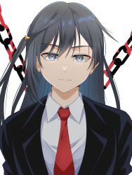 Rule 34 | 1girl, amakuma, black hair, black jacket, black suit, chain, closed mouth, collared shirt, commentary, formal, grey eyes, highres, jacket, long hair, looking at viewer, love live!, love live! nijigasaki high school idol club, necktie, one side up, open clothes, open jacket, red necktie, shirt, sidelocks, solo, suit, symbol-only commentary, upper body, white background, white shirt, yuki setsuna (love live!)