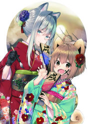 Rule 34 | 2girls, :d, absurdres, ahoge, animal ears, black gloves, blue eyes, blue kimono, blush, brown eyes, brown hair, calligraphy brush, claw pose, closed mouth, commentary, dog ears, dog girl, dog tail, drawing on another&#039;s face, english commentary, fang, fingernails, floral print, flower, gloves, hagoita, hair between eyes, hair bun, hair flower, hair ornament, highres, holding, holding paintbrush, japanese clothes, kimono, long sleeves, looking at viewer, midorikawa you, multiple girls, obi, open mouth, original, paddle, paintbrush, print kimono, purple flower, red flower, red kimono, sash, short hair, sidelocks, silver hair, single hair bun, smile, tail, wide sleeves