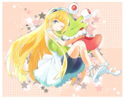 Rule 34 | 1girl, blonde hair, digimon, female focus, luche, numemon, one eye closed, solo, stuffed toy, wink