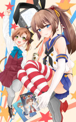 Rule 34 | 2boys, absurdres, akigumo (kancolle), anchor hair ornament, black panties, blue neckwear, blue skirt, blush, brown hair, closed mouth, cosplay, crop top, crossdressing, dress, elbow gloves, gloves, green eyes, grey eyes, grey legwear, hair between eyes, hair ornament, hair ribbon, hairband, highleg, highres, i-401 (kancolle), i-401 (kancolle) (cosplay), kantai collection, kazagumo (kancolle), long hair, manga (object), microskirt, multiple boys, multiple girls, open mouth, panties, ponytail, ribbon, sailor collar, school uniform, serafuku, shimakaze (kancolle), shimakaze (kancolle) (cosplay), shirt, skirt, sleeveless, sleeveless dress, smile, star (symbol), striped clothes, striped legwear, striped thighhighs, thighhighs, trap, umino haruka (harukaumino6), underwear, white shirt