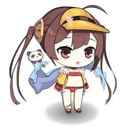 Rule 34 | 1girl, ahoge, anklet, azur lane, bare shoulders, bikini, black choker, blush stickers, brown eyes, brown footwear, brown hair, chibi, choker, commentary request, flower, full body, fur-trimmed jacket, fur trim, hair between eyes, hair ornament, hairpin, halterneck, highres, ilivefor2dm, jacket, jewelry, long hair, navel, off shoulder, open clothes, open jacket, panda, parted lips, ping hai (azur lane), ping hai (summer vacation) (azur lane), red bikini, red flower, ribbon-trimmed bikini, sandals, sidelocks, solo, standing, swimsuit, towel, twintails, very long hair, visor cap, white background, white flower, yellow jacket