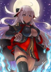 Rule 34 | 1girl, ahoge, arm guards, black bow, black thighhighs, bow, breasts, brown eyes, cleavage, cleavage cutout, clothing cutout, commentary request, dark-skinned female, dark skin, dress, fate/grand order, fate (series), full moon, hair between eyes, hair bow, hair ornament, holding, holding sheath, koha-ace, large breasts, light brown hair, long hair, looking at viewer, miyuki rei, moon, night, night sky, okita souji (fate), okita souji alter (fate), parted lips, petals, red dress, sheath, short sleeves, sky, solo, standing, star (sky), starry sky, tassel, thighhighs, v-shaped eyebrows, very long hair, wide sleeves