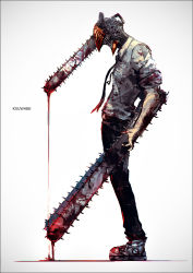 Rule 34 | 1boy, artist name, black necktie, black pants, blood, blood drip, blood on clothes, blood on face, blood on shoes, bloody weapon, chainsaw, chainsaw man, collared shirt, denji (chainsaw man), hybrid, k-suwabe, necktie, no eyes, pants, sharp teeth, shirt, simple background, solo, teeth, weapon, white background, white shirt