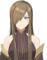 Rule 34 | 1girl, bare shoulders, blue eyes, breasts, brown dress, brown hair, detached sleeves, dress, hair over one eye, light smile, long hair, looking at viewer, medium breasts, rourou ill, sidelocks, solo, tales of (series), tales of the abyss, tear grants, upper body, white background