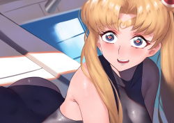 Rule 34 | 1girl, ass, bad id, bad pixiv id, bare shoulders, bishoujo senshi sailor moon, black one-piece swimsuit, blonde hair, breasts, commentary request, derivative work, dress, heart, heart in eye, jmao, large breasts, looking at viewer, lower teeth only, meme, one-piece swimsuit, open mouth, parted bangs, rei no pool, sailor moon redraw challenge (meme), solo, swimsuit, symbol in eye, teeth, tsukino usagi, upper teeth only