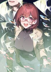 Rule 34 | 1boy, 1girl, 92m, animal, aquarium, black sweater, blue pants, brother and sister, brown pants, coat, commentary request, fish, highres, jewelry, kinshi no ane, looking at viewer, necklace, open mouth, original, otouto (92m), pants, red-framed eyewear, red hair, semi-rimless eyewear, short hair, siblings, standing, sweater, under-rim eyewear, yellow coat