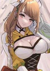 Rule 34 | 1girl, braid, breasts, brown eyes, brown hair, cleavage, commentary request, corset, fire emblem, fire emblem engage, gloves, goldmary (fire emblem), hair ribbon, hand up, head tilt, highres, large breasts, long hair, nintendo, ribbon, snow20200, solo, unfinished, upper body, white gloves, white ribbon