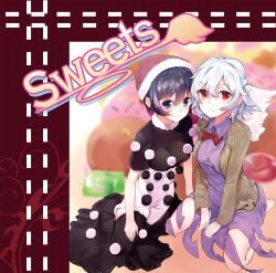 Rule 34 | 2girls, asuzemu, barefoot, black dress, blue eyes, blue hair, blurry, blurry background, bow, bowtie, breasts, brown jacket, candy, commentary request, doremy sweet, dotted line, dress, english text, feathered wings, food, hair between eyes, hat, highres, jacket, kishin sagume, long sleeves, looking at viewer, medium breasts, multicolored clothes, multicolored dress, multiple girls, open clothes, open jacket, pom pom (clothes), purple dress, red bow, red eyes, red hat, red neckwear, santa hat, seiza, short hair, short sleeves, silver hair, single wing, sitting, smile, thighs, touhou, white dress, white wings, wing collar, wings