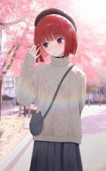 1girl absurdres arima_kana beret black_bag black_choker black_hat black_skirt blush bob_cut cherry_blossoms choker closed_mouth commentary_request fangfangtu grey_sweater hand_up hat highres lens_flare looking_to_the_side nose_blush oshi_no_ko outdoors photo_background red_eyes red_hair short_hair skirt solo sunlight sweater turtleneck turtleneck_sweater