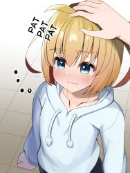 Rule 34 | 1boy, 1other, age difference, blonde hair, blue eyes, blue sweater, child, commentary, eyebrows, fuwaja iru, hard-translated, headpat, highres, indoors, looking at viewer, looking up, male focus, open mouth, original, solo focus, sweater, third-party edit, third-party source, trap
