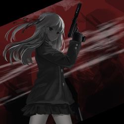 Rule 34 | 1girl, blush, closed mouth, commentary, cowboy shot, dual wielding, gloves, gun, hand up, holding, holding gun, holding weapon, inabi, jacket, limited palette, long hair, long sleeves, looking at viewer, original, pleated skirt, skirt, smile, solo, standing, suppressor, two side up, weapon