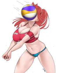 Rule 34 | 1girl, absurdres, aki-chan (dismaiden), ball, bra writing, breasts, cleavage, clothes writing, cowboy shot, dismaiden, female focus, hair ornament, hairclip, highres, in the face, large breasts, motion blur, navel, nike (company), original, playing sports, ponytail, red hair, signature, simple background, solo, sports bra, sportswear, volleyball, volleyball (object), volleyball uniform, white background