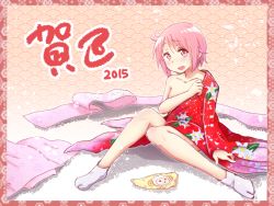 Rule 34 | 10s, 1girl, 2015, hirame guard, japanese clothes, new year, no shoes, nonohara yuzuko, pink hair, seigaiha, short hair, solo, tabi, yuyushiki