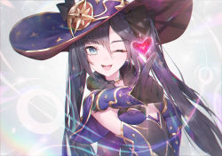 Rule 34 | 1girl, ;d, armpits, black choker, black gloves, black hair, blue eyes, bow, breasts, choker, detached sleeves, finger heart, genshin impact, gloves, gold trim, hair bow, hat, heart, highres, leotard, long hair, long sleeves, looking at viewer, mona (genshin impact), one eye closed, open mouth, purple leotard, small breasts, smile, solo, ttutto, twintails, upper body, very long hair, witch hat