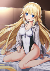 Rule 34 | 1girl, :d, bare legs, barefoot, blonde hair, blue eyes, blush, breasts, cleavage, commentary request, competition swimsuit, covered navel, fate (series), fingernails, grey jacket, hair between eyes, hair down, head tilt, indoors, jacket, jeanne d&#039;arc (fate), jeanne d&#039;arc (ruler) (fate), jeanne d&#039;arc (swimsuit archer) (fate), jeanne d&#039;arc (swimsuit archer) (second ascension) (fate), long hair, long sleeves, medium breasts, one-piece swimsuit, open clothes, open jacket, open mouth, round teeth, sitting, sleeves past wrists, smile, solo, swimsuit, teeth, tyone, upper teeth only, very long hair, wariza, white one-piece swimsuit