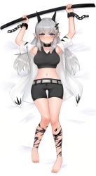 Rule 34 | 1girl, arms up, bad id, bad pixiv id, bare shoulders, barefoot, bed sheet, belt, black shirt, black shorts, blue eyes, blush, breasts, chain, closed mouth, collarbone, commentary request, commission, cuffs, dokomon, full body, grey belt, grey hair, hair ornament, highres, holding, horns, jacket, korean commentary, leg tattoo, long hair, looking at viewer, lying, medium breasts, midriff, navel, nose blush, on back, open clothes, open jacket, original, pointy ears, shirt, short shorts, short sleeves, shorts, sleeveless, sleeveless shirt, solo, tattoo, very long hair, wavy mouth, white jacket