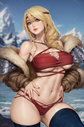 1girl astrid_hofferson blonde_hair blue_eyes blue_thighhighs blurry blurry_background breasts brown_jacket circlet commentary crop_top english_commentary fishnets fur-trimmed_jacket fur_trim hands_on_own_hips highres how_to_train_your_dragon_(series) how_to_train_your_dragon_2 jacket long_hair midriff mixed-language_commentary navel neoartcore open_clothes open_jacket paid_reward_available panties parted_lips red_nails red_panties red_shirt shirt snow solo thai_commentary thighhighs torn_clothes torn_shirt underwear