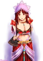 Rule 34 | 1girl, absurdres, breasts, card, cleavage, closed mouth, dahna (grandia), grandia, grandia iii, gypsy, hagureyouma, heart, highres, holding, holding card, jewelry, large breasts, long hair, midriff, nail polish, navel, necklace, red eyes, red hair, simple background, solo