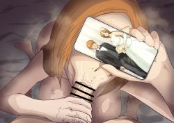 Rule 34 | 1boy, 1girl, :&gt;=, absurdres, bleach, breasts, censored, cleavage, fellatio, highres, huge breasts, inoue orihime, iwao178, large breasts, oral, stray pubic hair