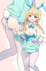 Rule 34 | 1girl, alternate costume, animal ear hairband, animal ears, aqua bow, aqua bowtie, aqua leotard, armpit crease, ass, beckoning, blonde hair, blush, bow, bowtie, braid, breasts, commentary request, detached collar, fake animal ears, fake tail, fang, feet out of frame, fingernails, fujita kotone, gakuen idolmaster, hair ribbon, hairband, highres, idolmaster, jacket, jacket partially removed, leotard, long hair, looking at viewer, medium breasts, mirei, multicolored clothes, multicolored jacket, multiple views, pantyhose, partially unzipped, playboy bunny, rabbit ear hairband, rabbit ears, rabbit tail, ribbon, skin fang, smile, strapless, strapless leotard, tail, translation request, twin braids, white pantyhose, yellow eyes
